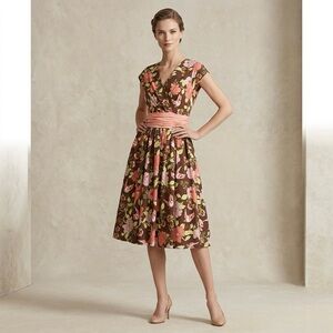 Folter 50s Style Floral Bird Dress Sz Lg Brown Pink Fit Flare Rockabilly Pin Up